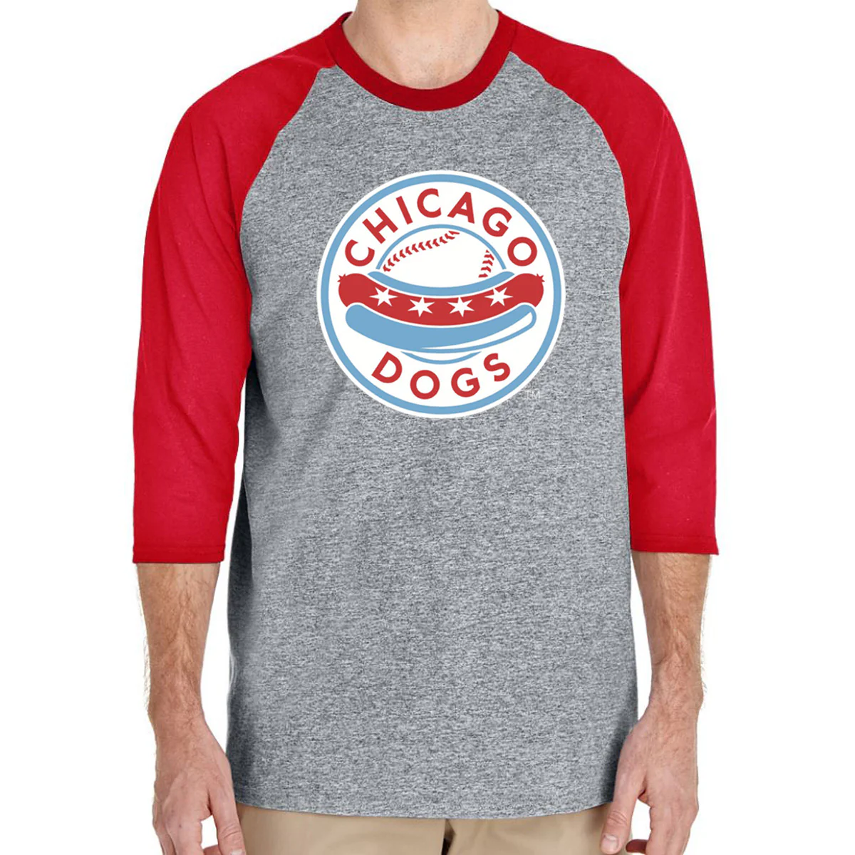 Chicago Dogs Mens Primary Logo 3/4 Sleeve Raglan Baseball Tee - Grey/Red - Image 2